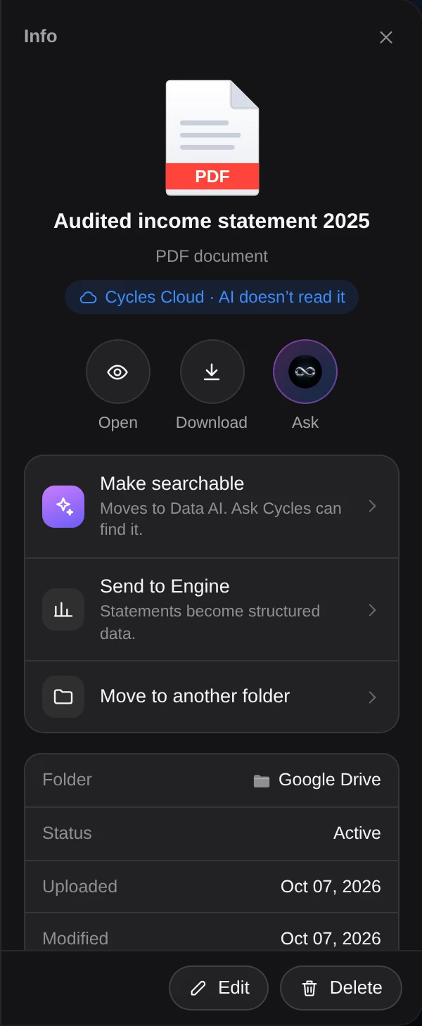 The information panel of a file in Cycles Cloud