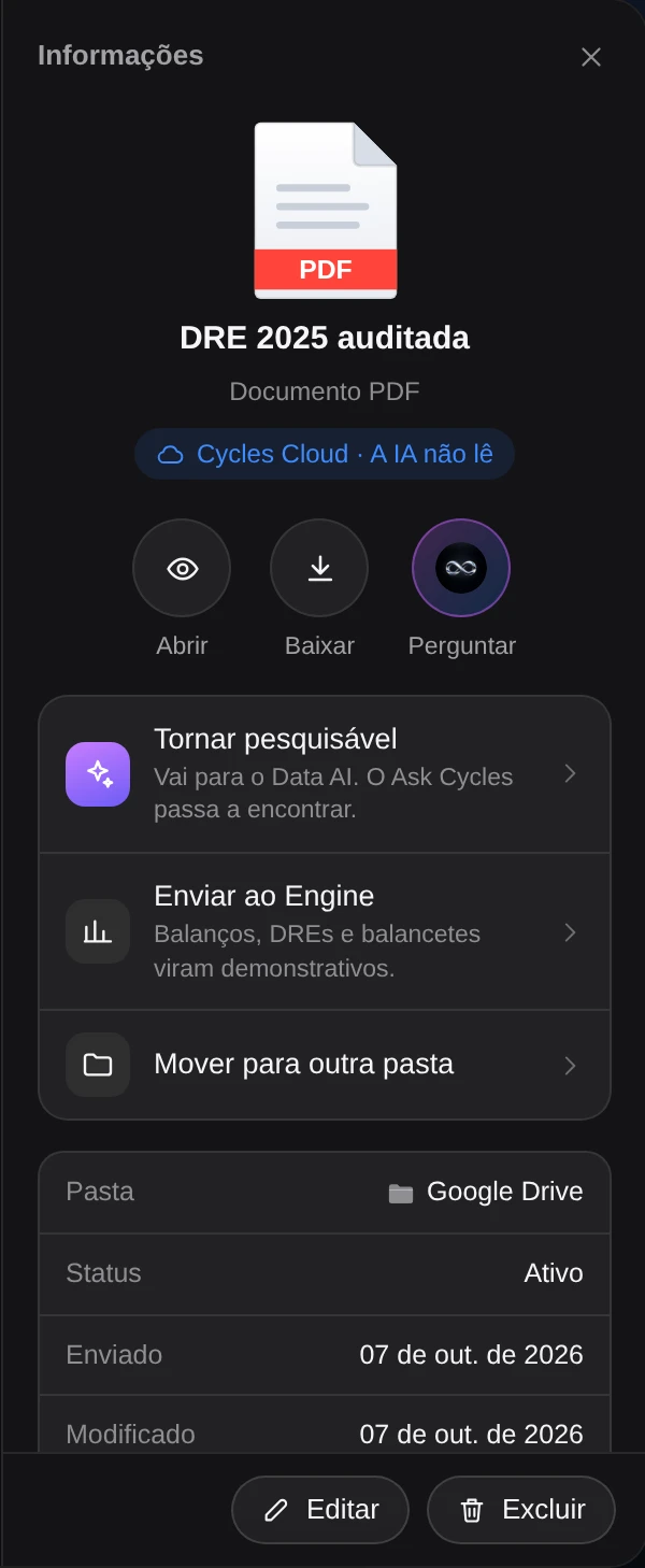 O painel de informações de um arquivo no Cycles Cloud