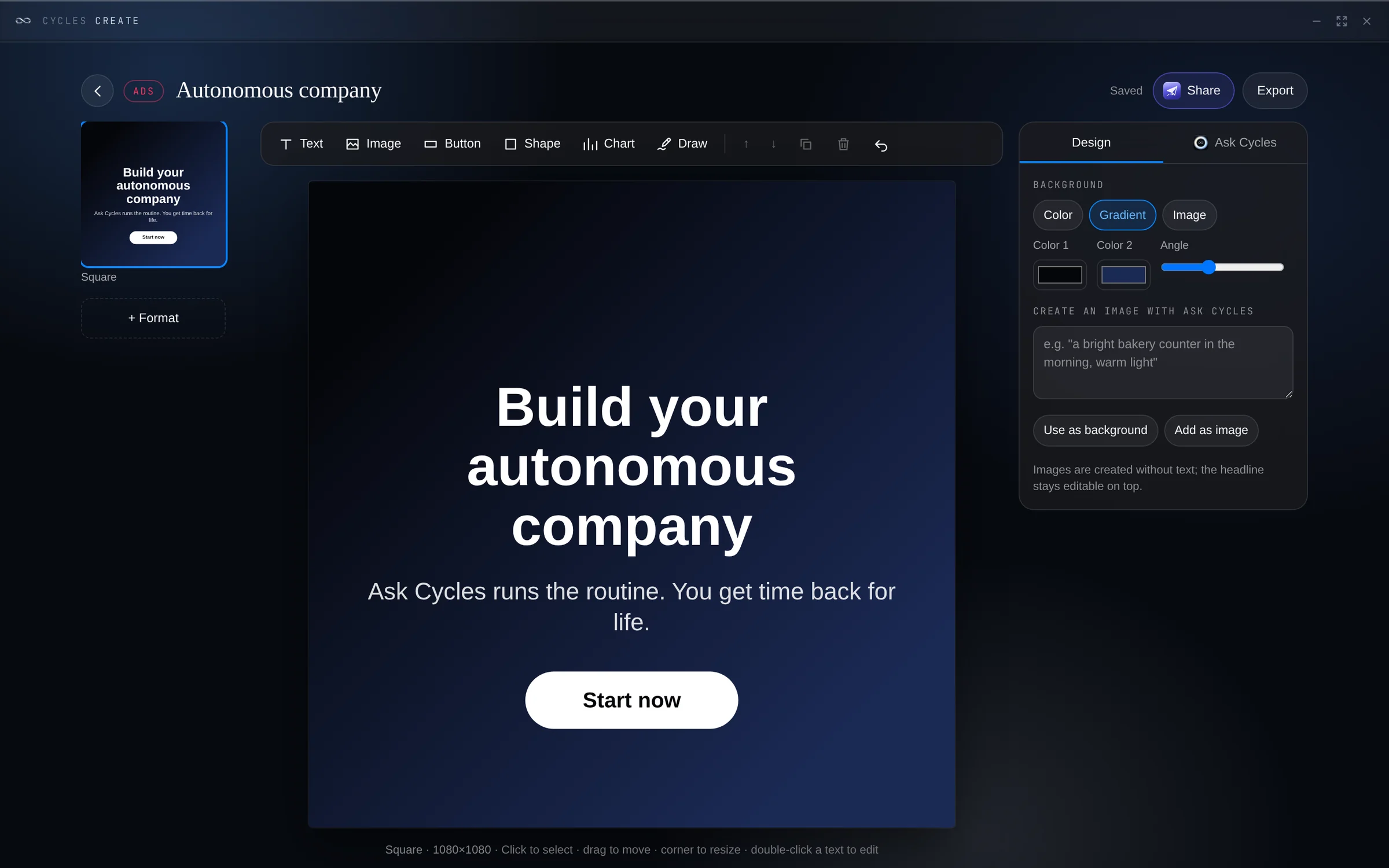 For ads and social posts in every format. Ask Cycles writes the ad and creates the image, ready to edit and publish.