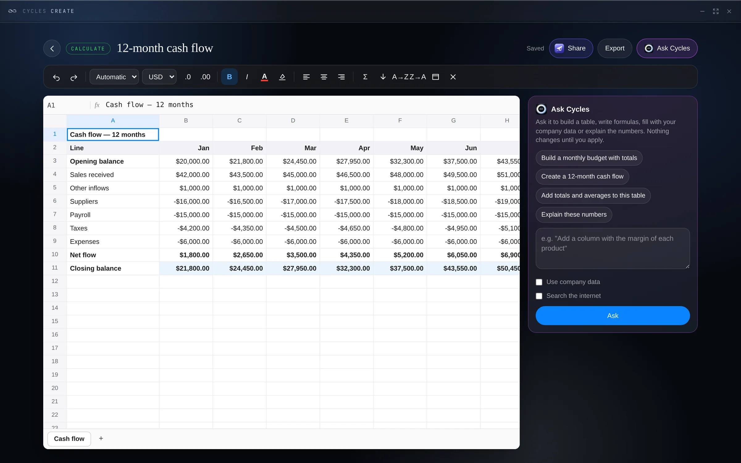 For budgets, cash flow, prices and plans. Real formulas, and Ask Cycles does the analysis you apply with one click. Import and export Excel.