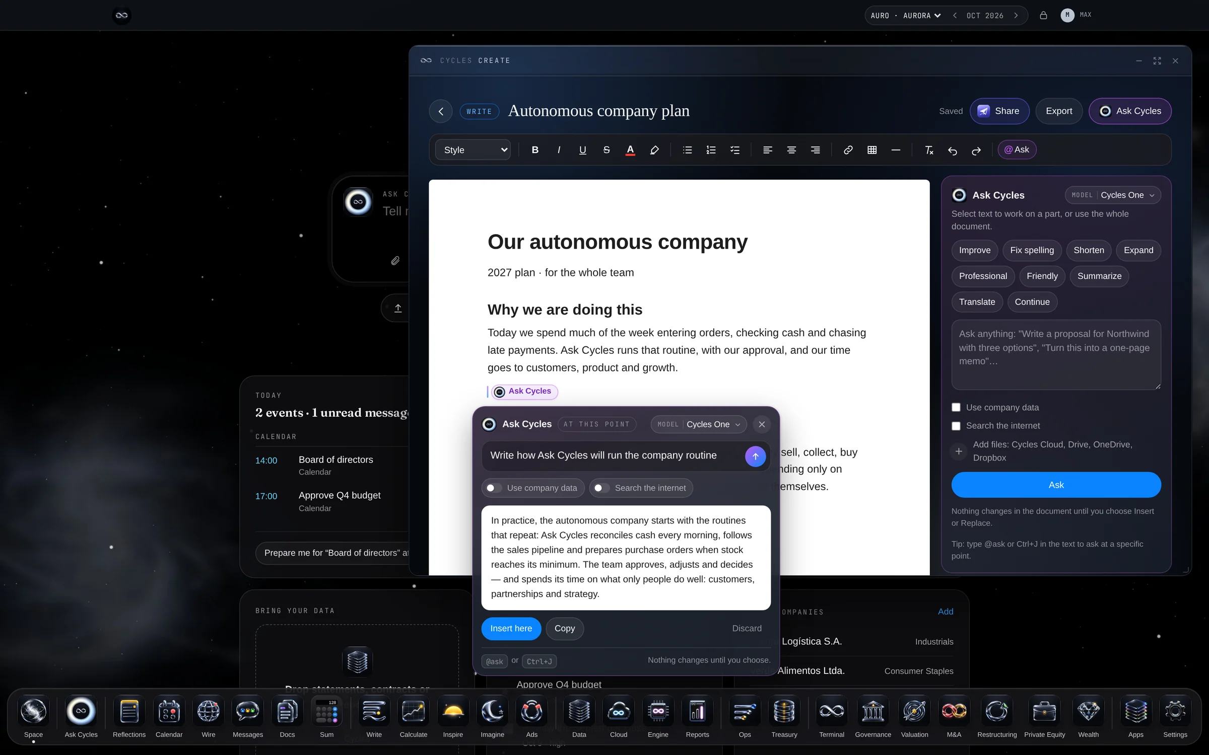 The document "The autonomous company" in Write, with Ask Cycles answering in the text
