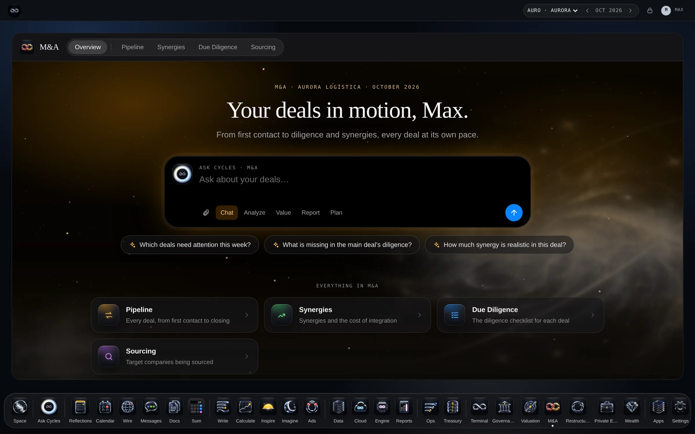 M&A PRO — the app’s opening page, with Aurora Logistics