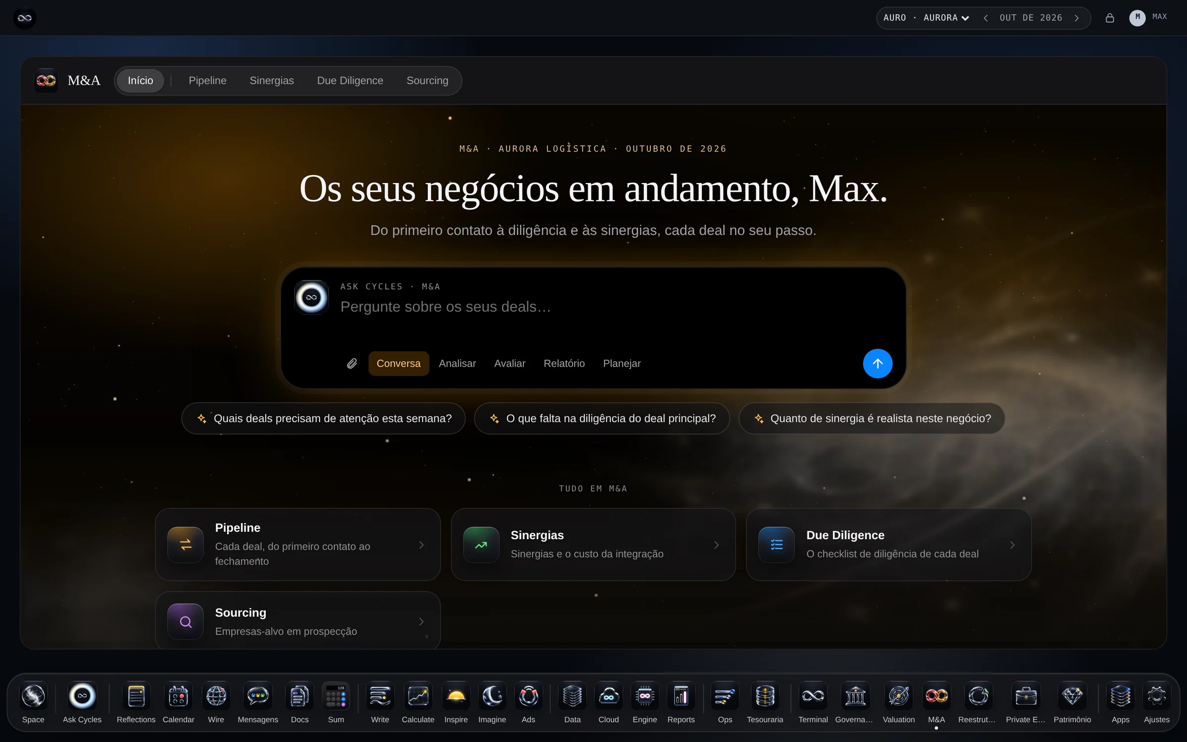 M&A PRO — o início do app, com a Aurora Logística