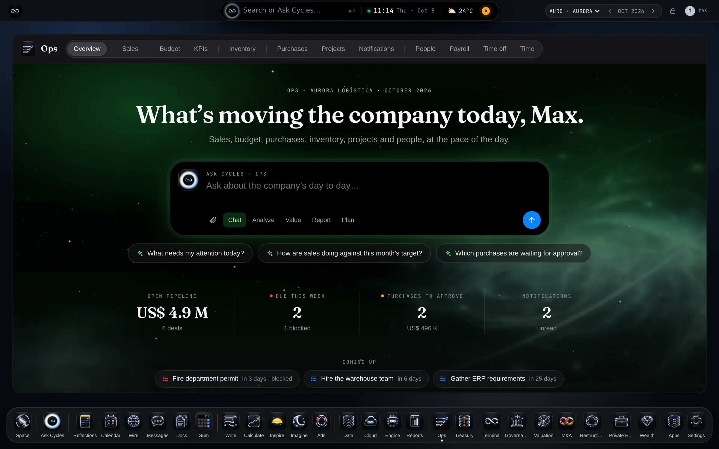 Operations — The app’s opening page, with Aurora Logistics