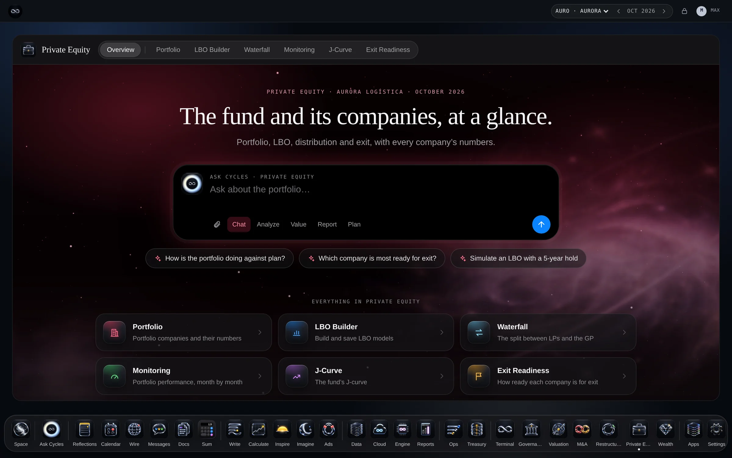PE & Investors PRO — the app’s opening page, with Aurora Logistics