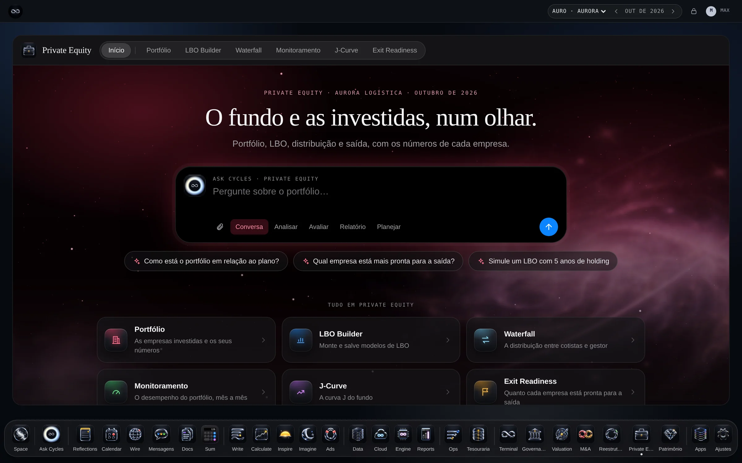 PE & Investors PRO — o início do app, com a Aurora Logística