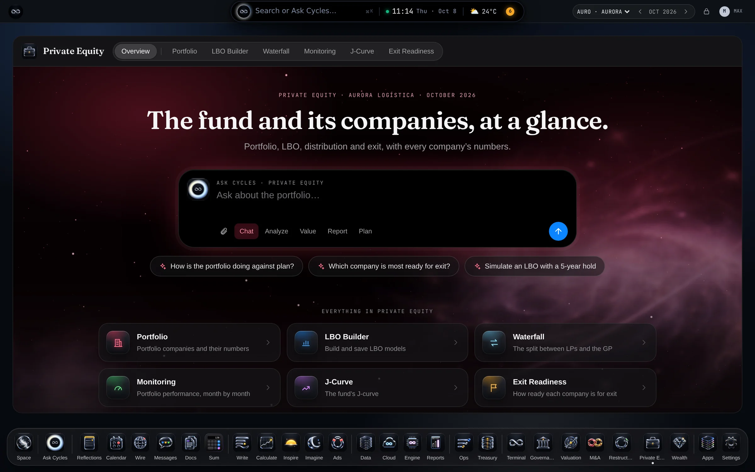 PE & Investors — The app’s opening page, with Aurora Logistics