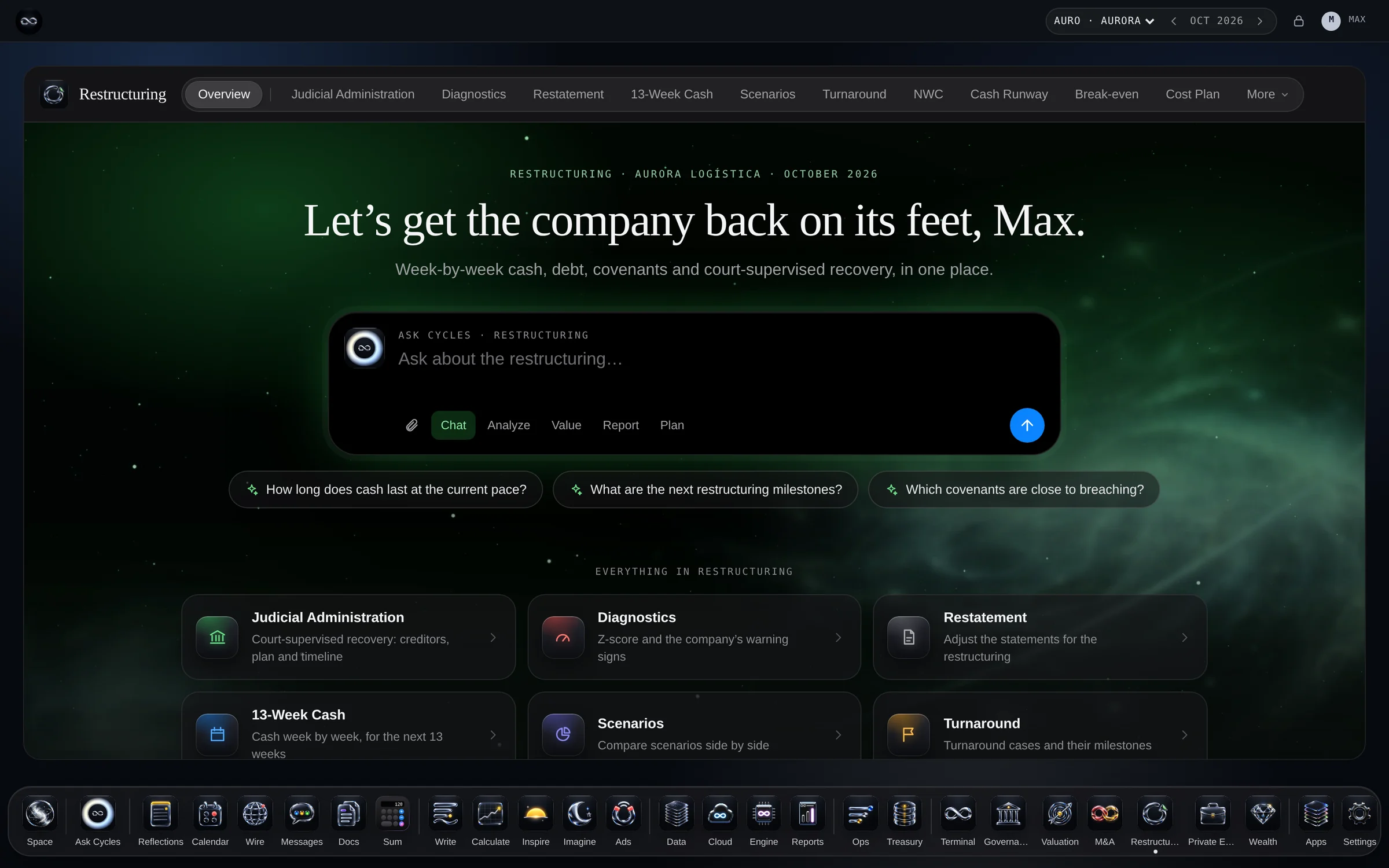 Restructuring & Turnaround PRO — the app’s opening page, with Aurora Logistics