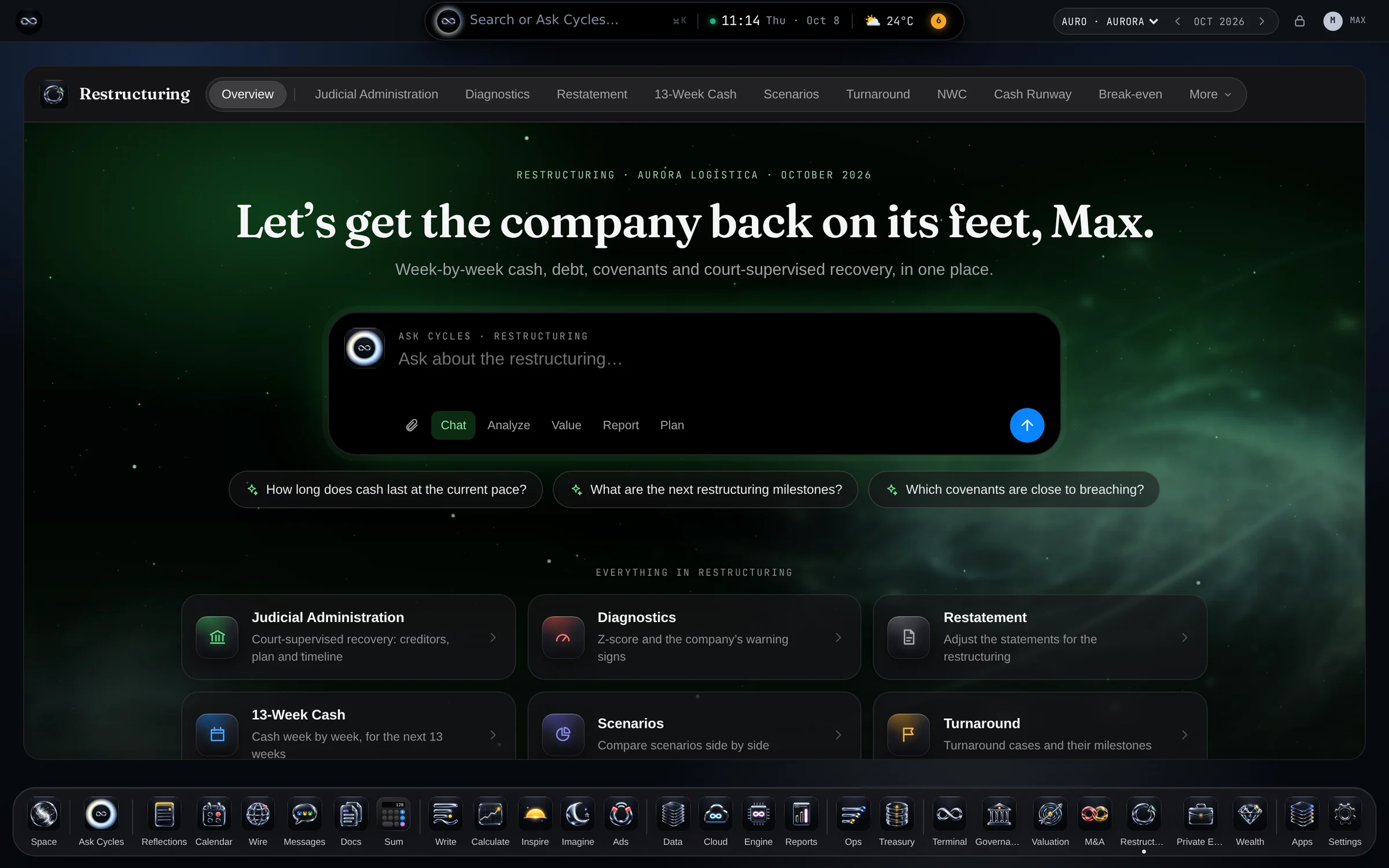 Restructuring & Turnaround — The app’s opening page, with Aurora Logistics