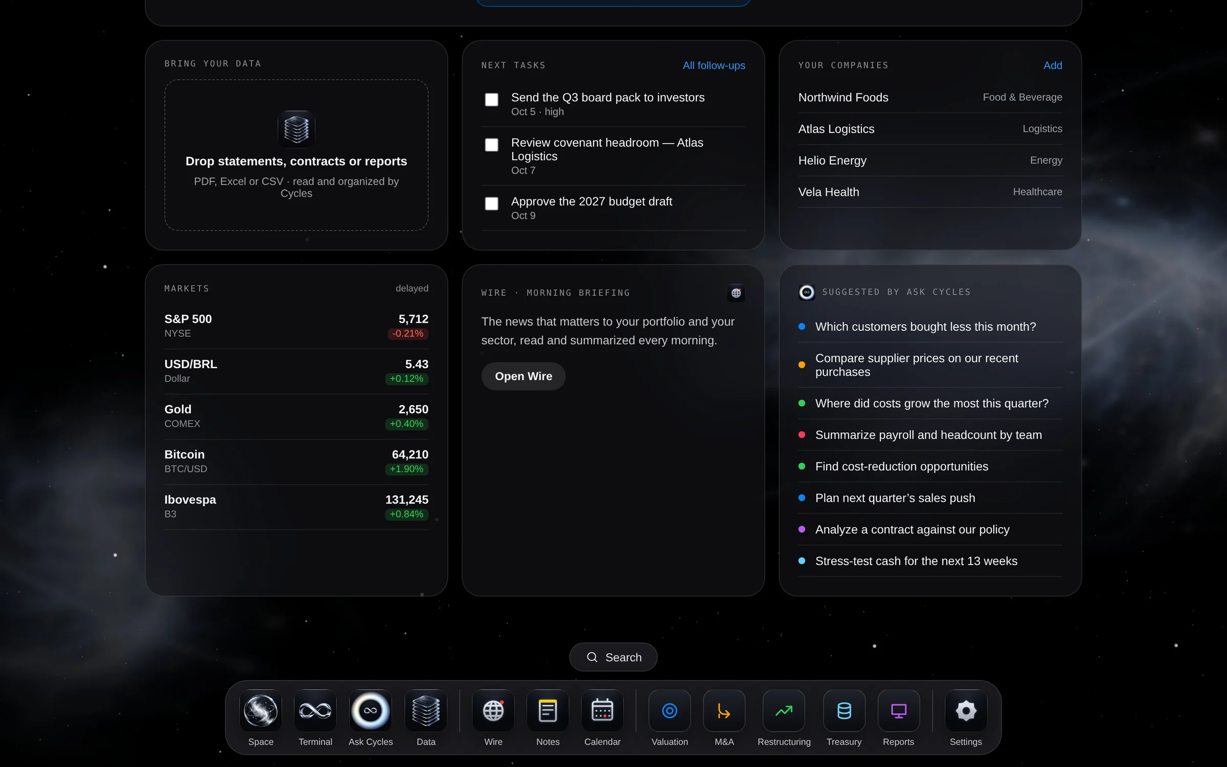 Your tasks, companies and markets at a glance — with every app in the dock, always at hand.