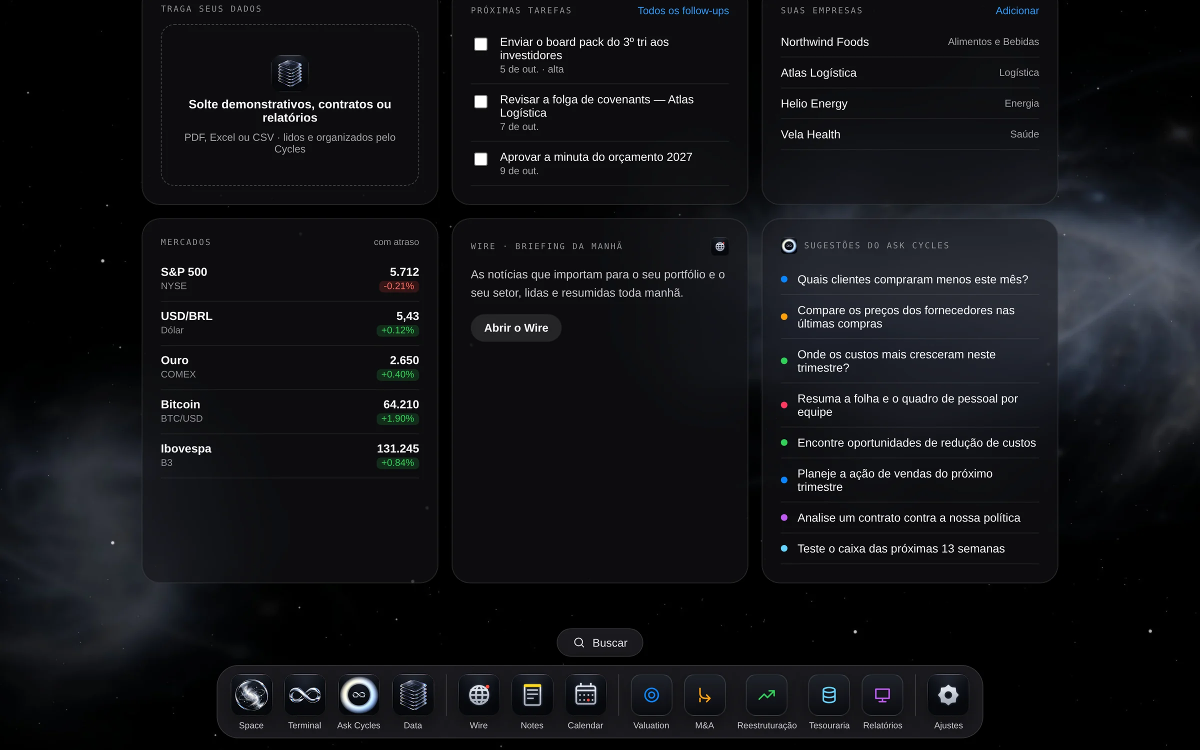 Suas tarefas, empresas e mercados num relance — com todos os apps no dock, sempre à mão.